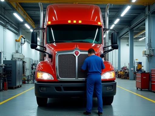 A large commercial truck being serviced in the workshop.